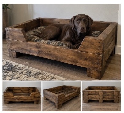 Rustic entry custom wood dog bed with a chocolate lab